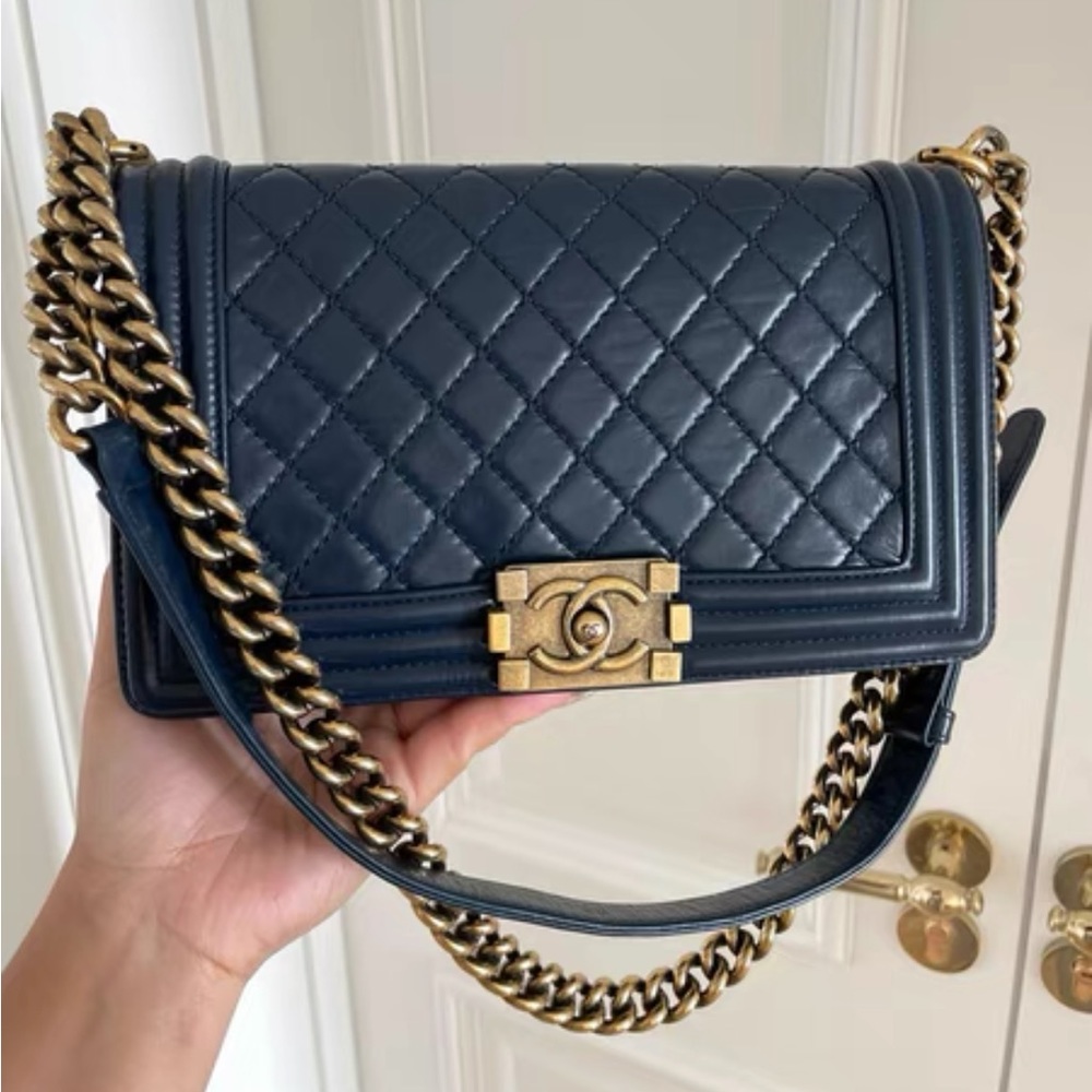 CHANEL Lambskin Quilted Medium Boy Flap Dark Navy